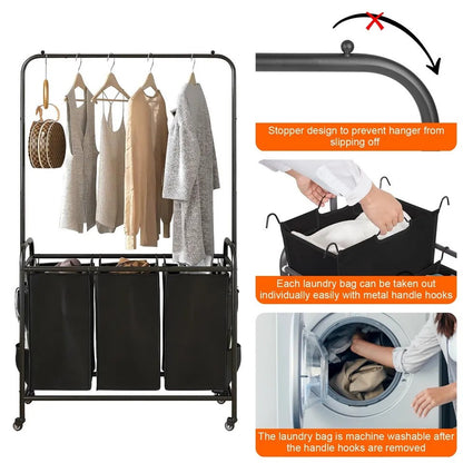 Laundry Hamper With Hanging Rack - Laundry Cart With 3 Basket
