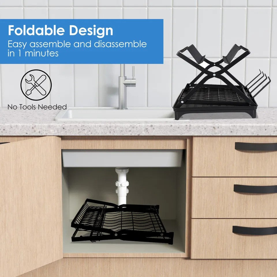 Dish Drying Rack - 2Tier Dish Rack With Foldable Design and Cup Holder