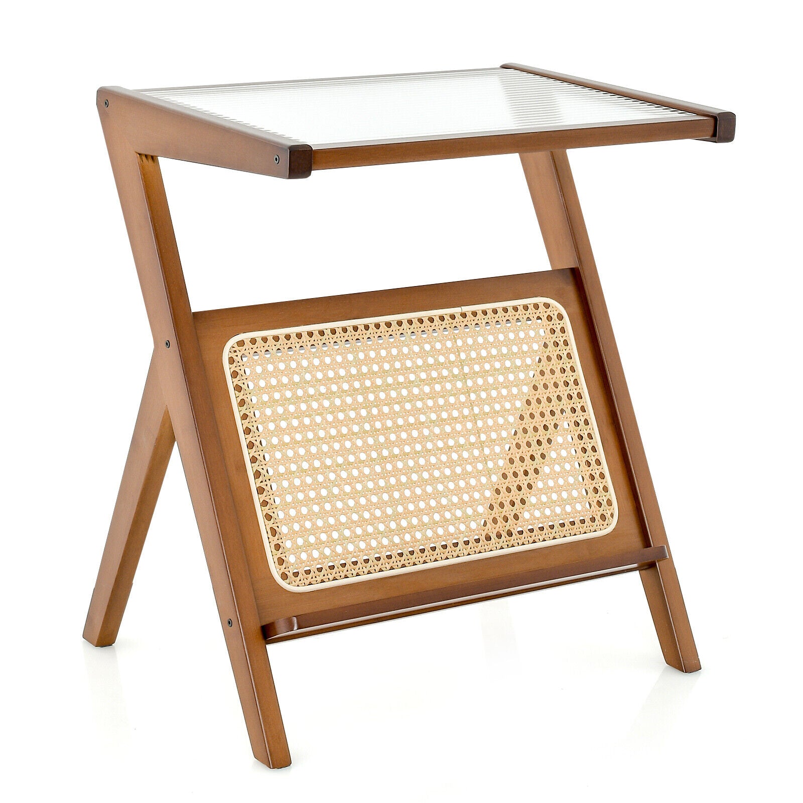 Nightstand - Side Table with Handwoven Rattan Magazine Holder