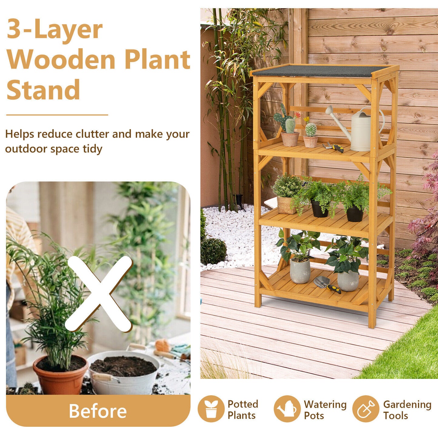 Planter Shelf - 3 Tier Wooden Garden Shelf With Asphalt Roof