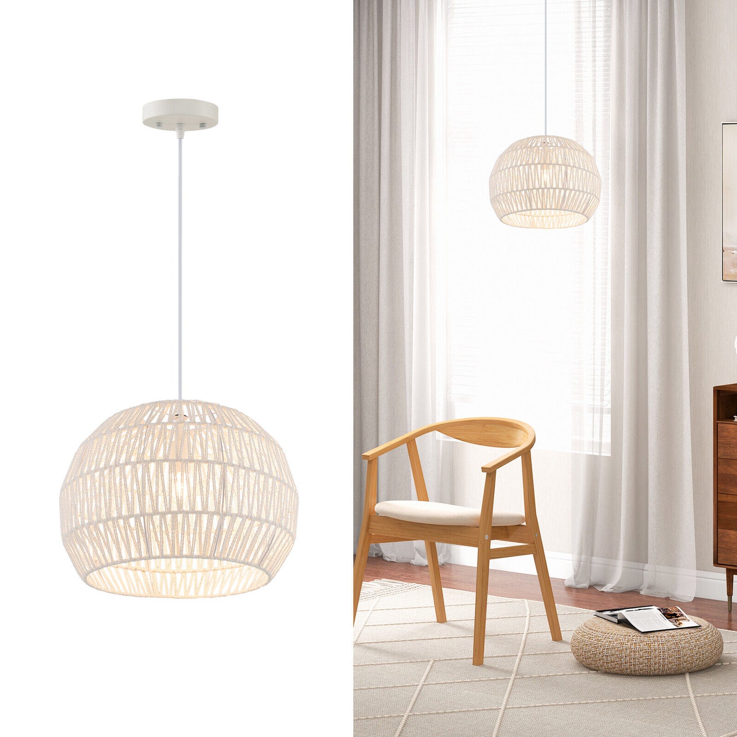 Ceiling Light - Round Pendant Light With Adjustable Hanging Rope