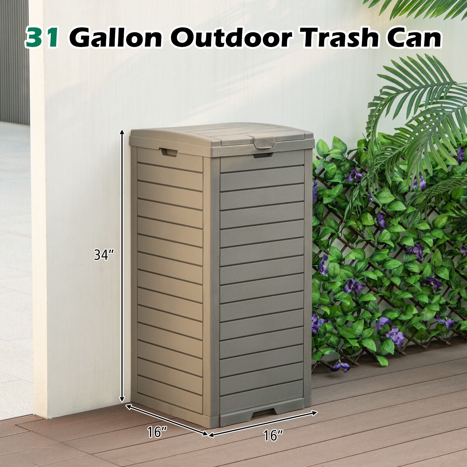 Trash Can with Dual Lid - 31 Gallon Outdoor Trashcan