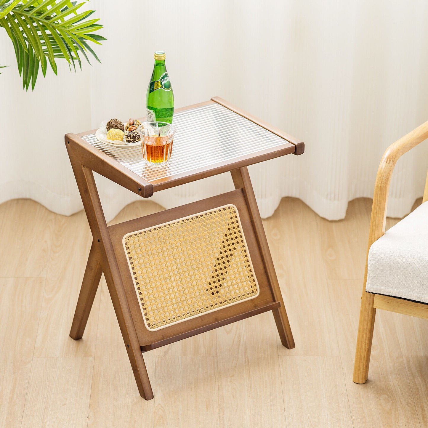 Nightstand - Side Table with Handwoven Rattan Magazine Holder