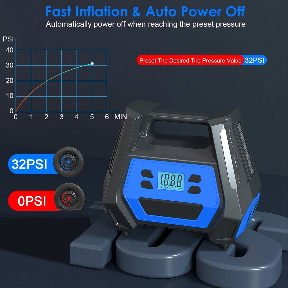 Tire Inflator 120W - Portable Air Compressor With LED Light