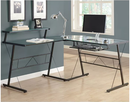 Black Glass Corner Desk - Tempered Glass  L-Shaped Desk