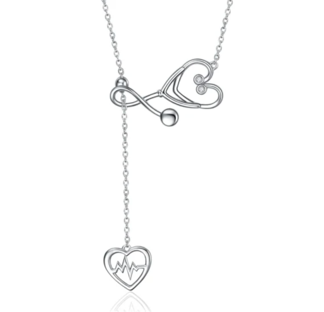 Silver Stethoscope Jewelry Heartbeat EKG Lariat Necklace Nurse Gift