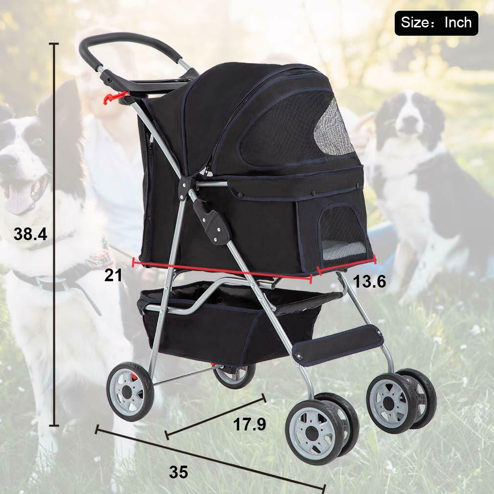 Dog Stroller - 4 Wheel Pet Stroller - Folding Travel Pet Cart