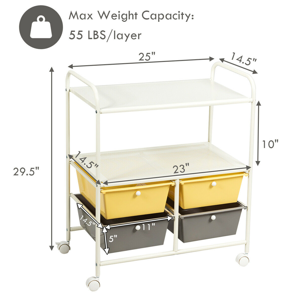 Rolling Cart With Drawers - Metal Rack Wheeled Utility Cart