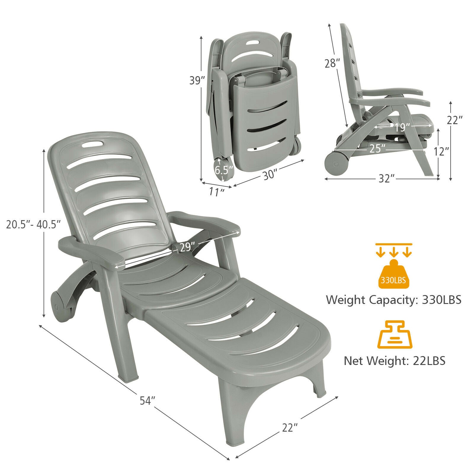 5 Position Adjustable Outdoor Lounge Chair - Folding Chaise Lounge