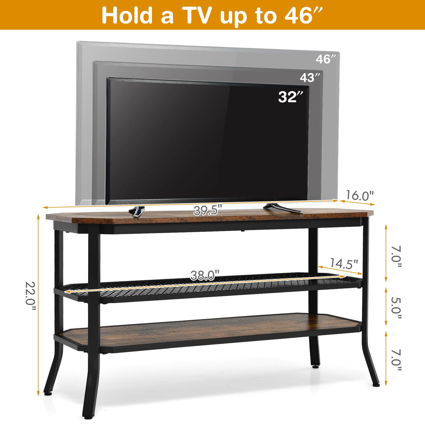 3 Tier TV Stand - Media Console with Mesh Storage Shelf