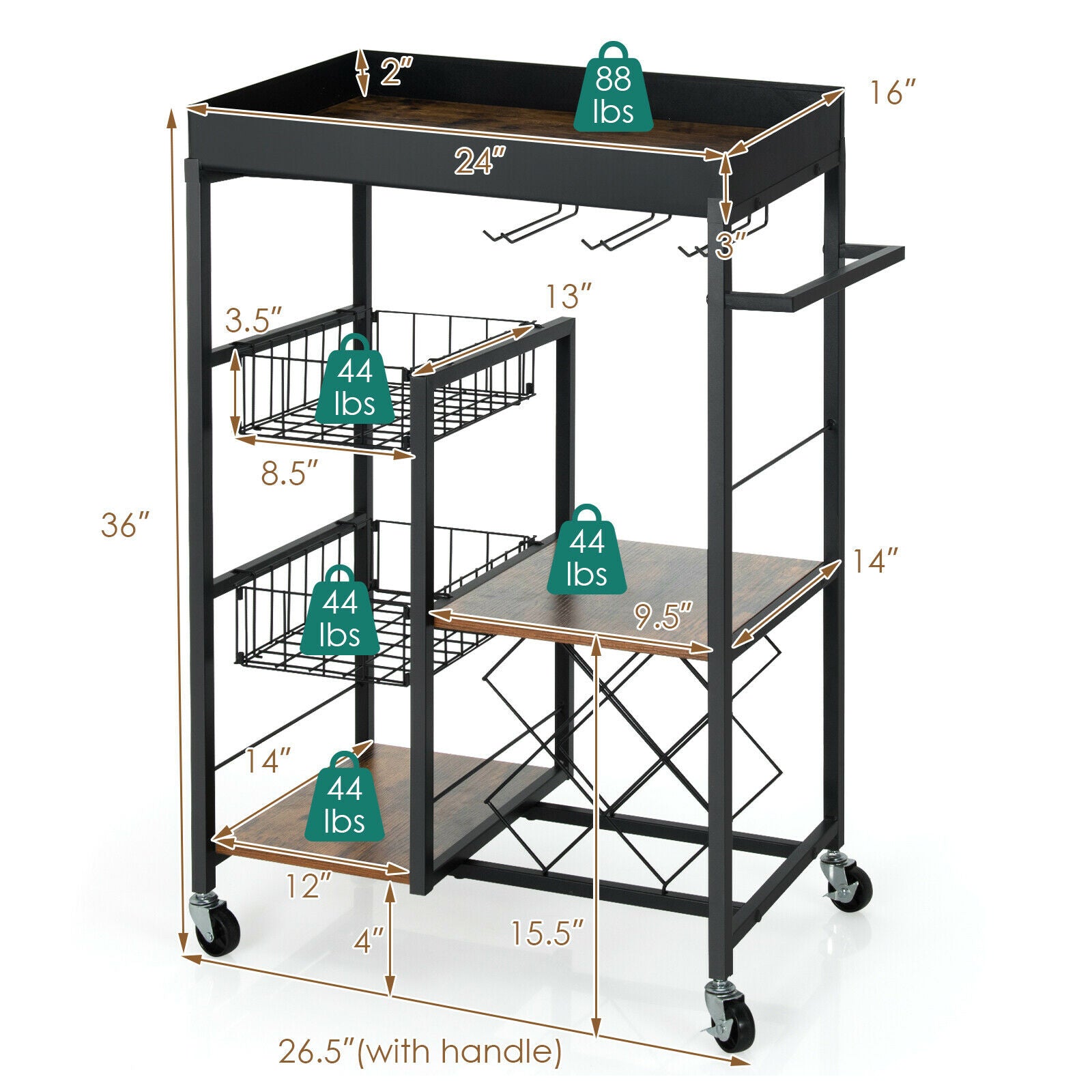 4-Tier Kitchen Cart on Wheels with  Removable Tray Basket