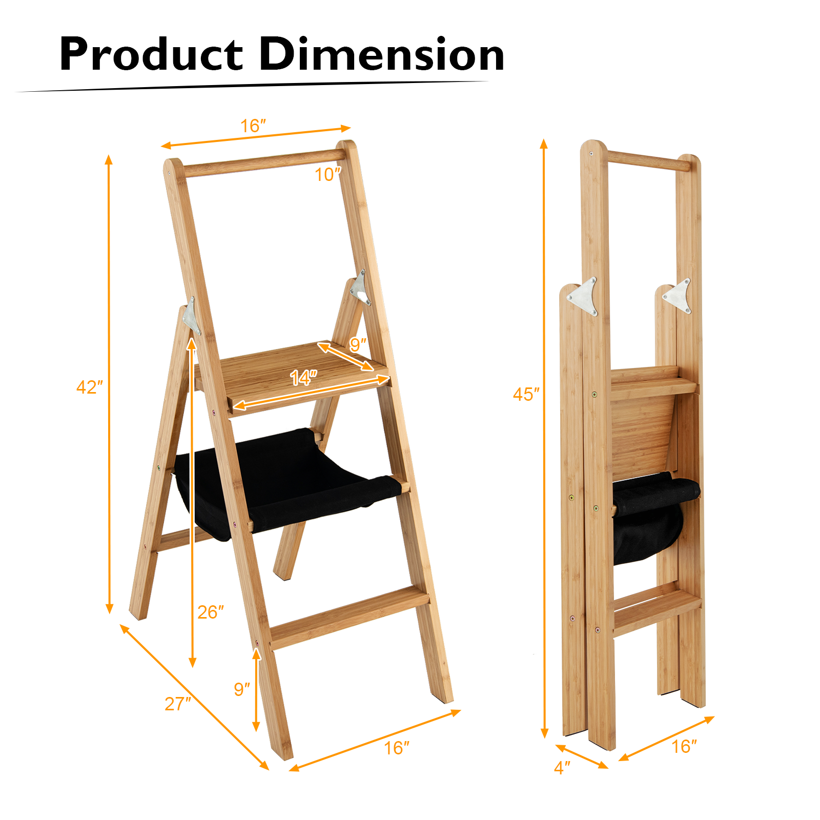 3 Step Stool - Folded Bamboo Step Ladder 330lbs Capacity