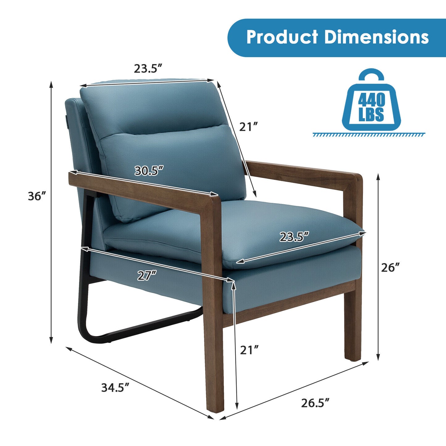 Accent Chair With Rubber Wood Legs and  Rust Resistant Steel Bracket