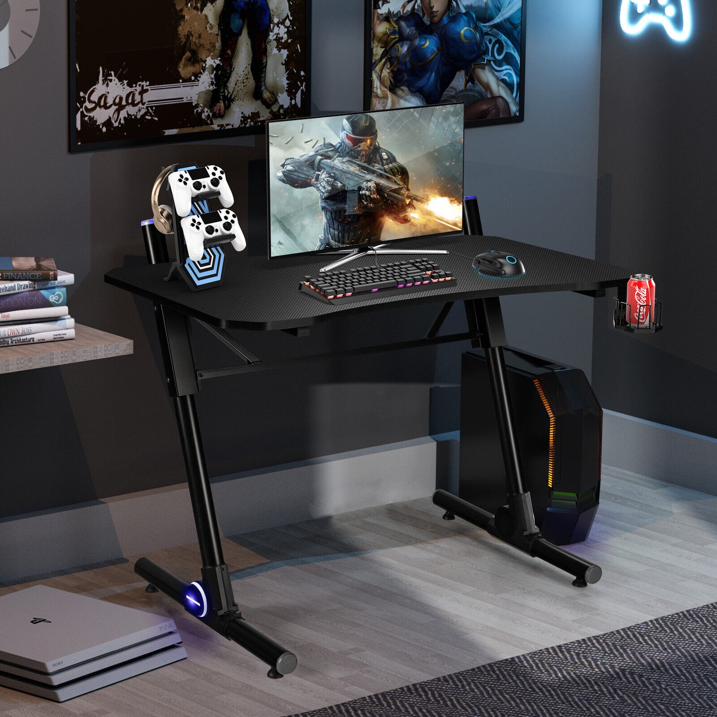 Gaming Desk With LED Light & Gaming Handle Rack - Computer Desk
