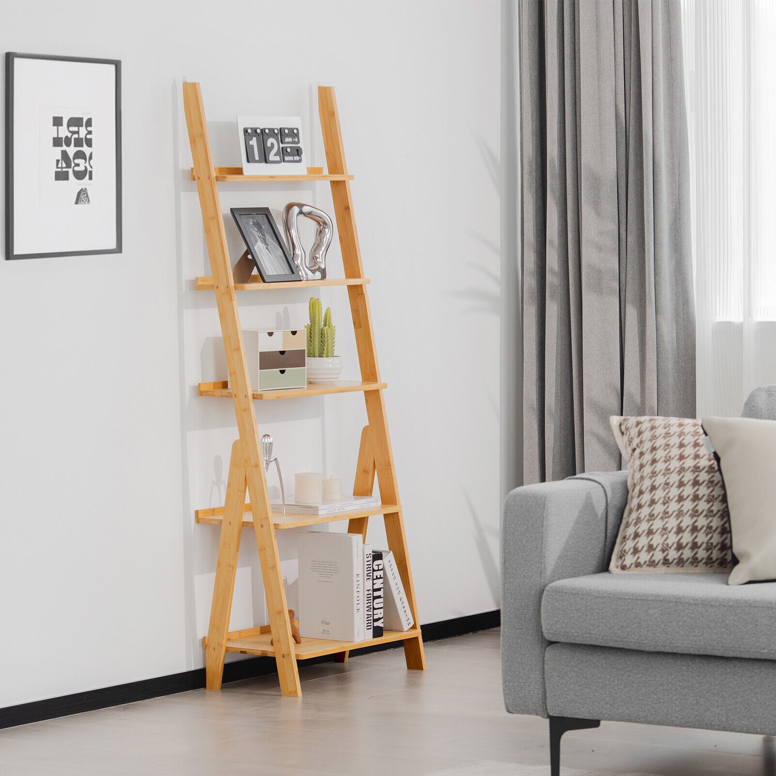 Ladder Shelf Stand - 5 Tier Bamboo Ladder Bookshelf