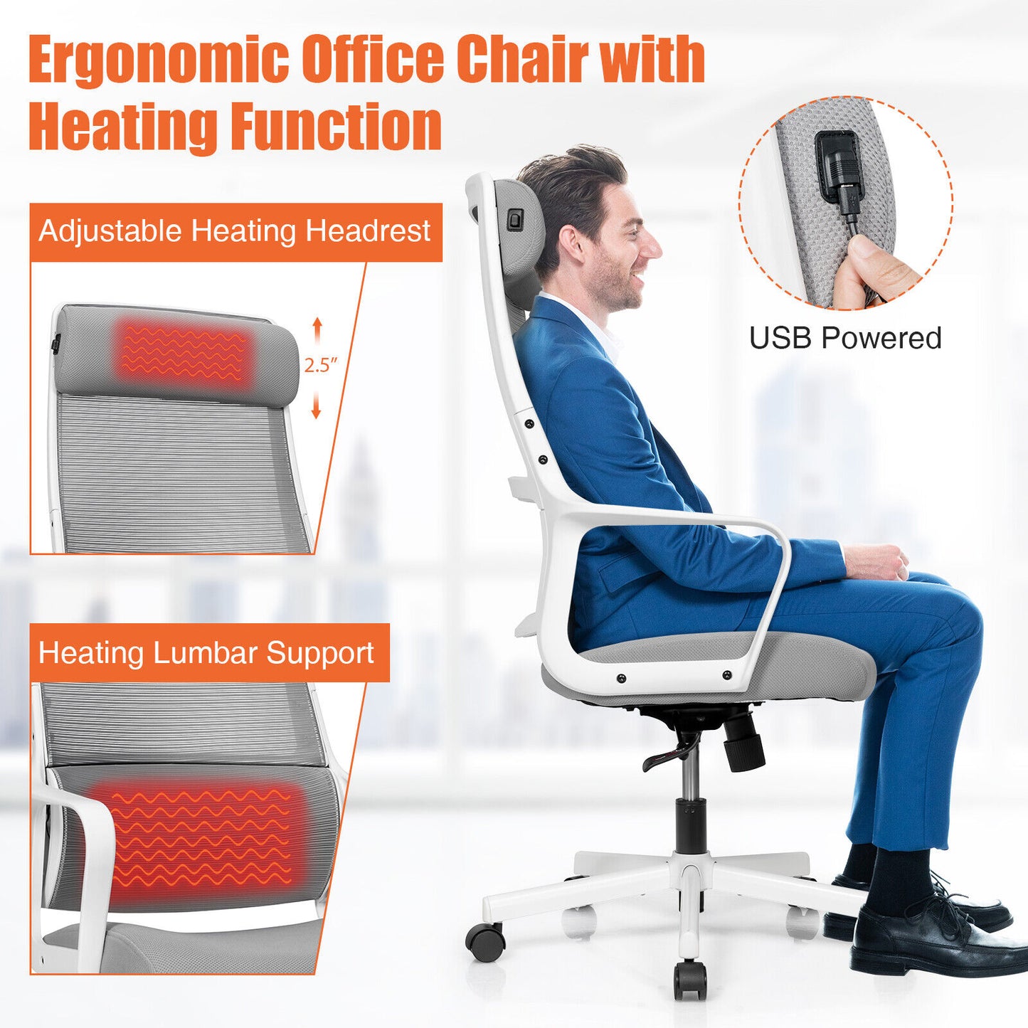 Office Chair With Heating Lumbar Support - Desk Chair with Headrest
