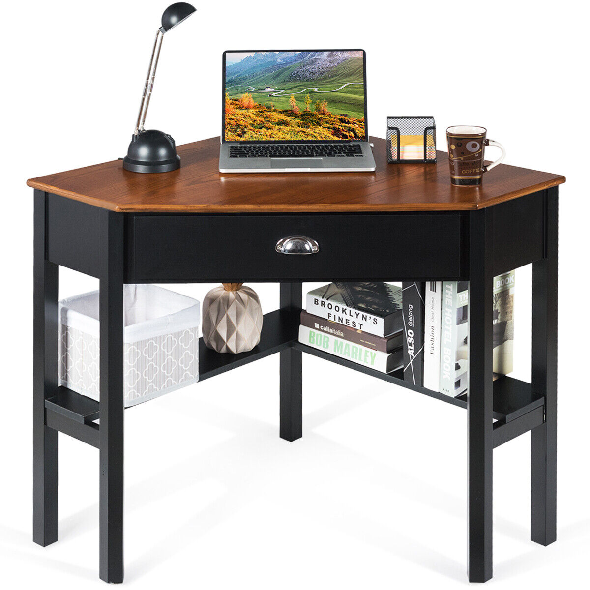 Corner Desk - Corner Table With Drawer and 2 Shelves