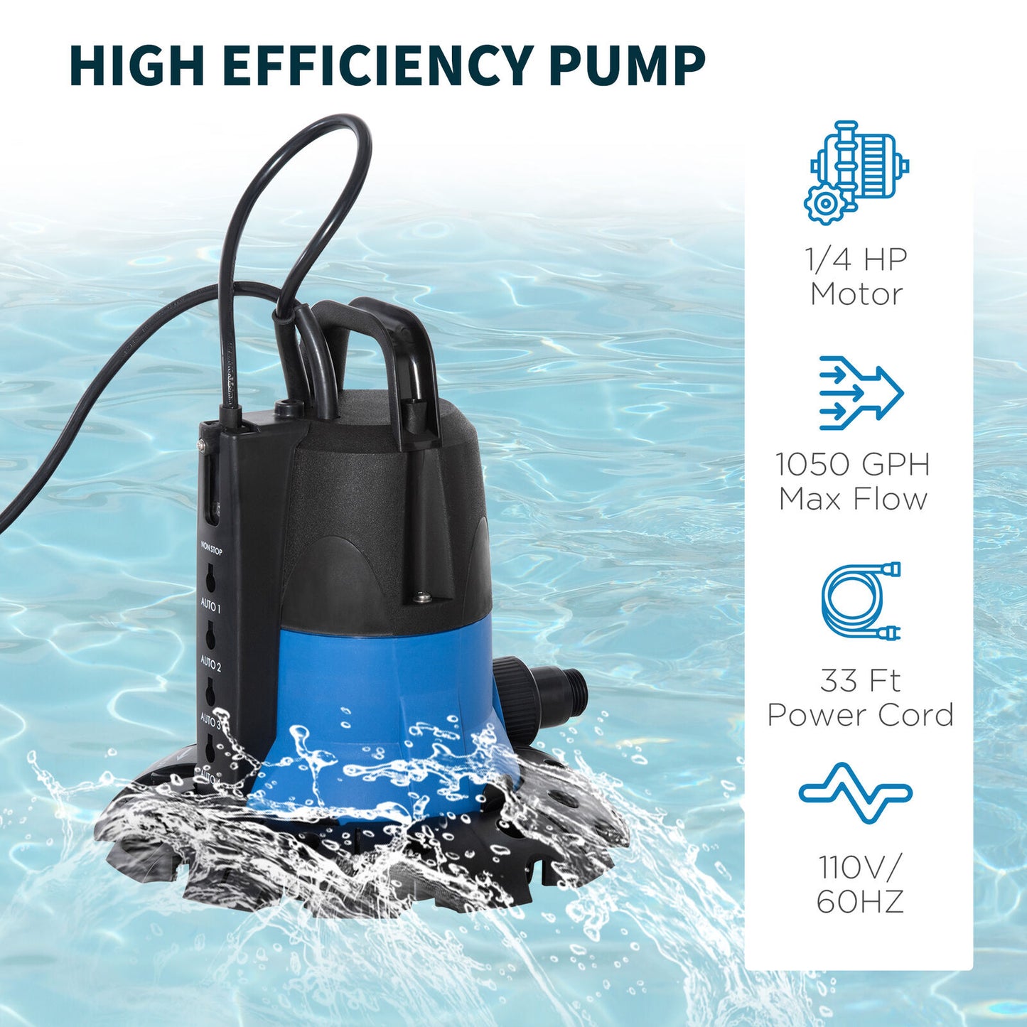 Swimming Pool Submersible Pump with 33’ Power Cord - Pool Cover Pump