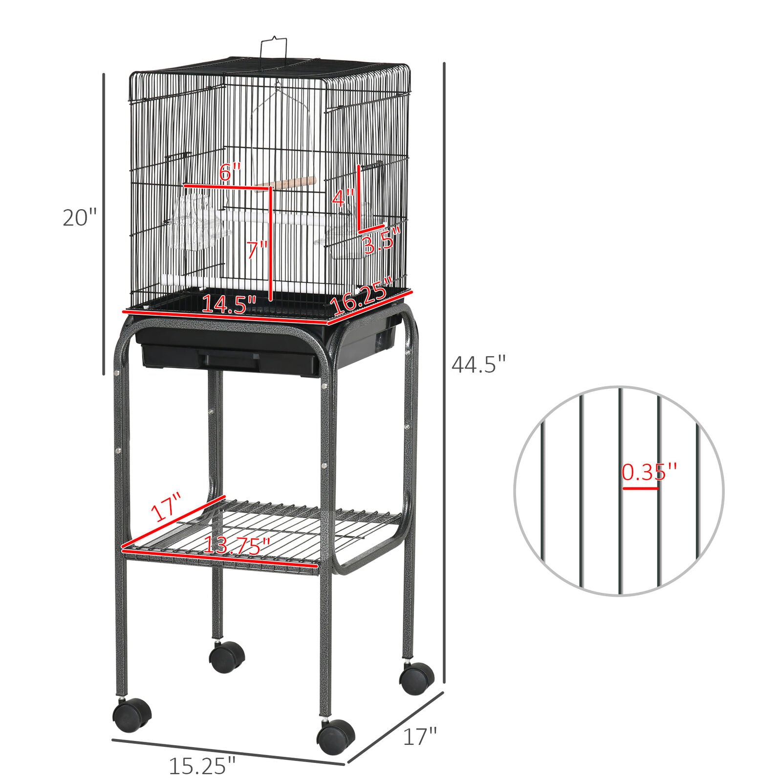 Bird Cage With Wheel - 44.5 Inches Metal Parrot Cage