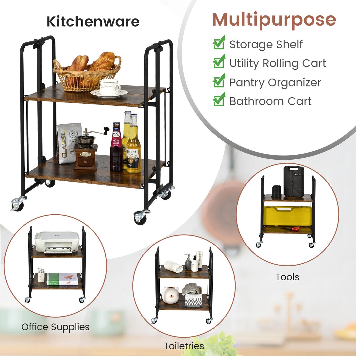 Kitchen Cart 2Tier -  Foldable Kitchen Island Cart With Wheels