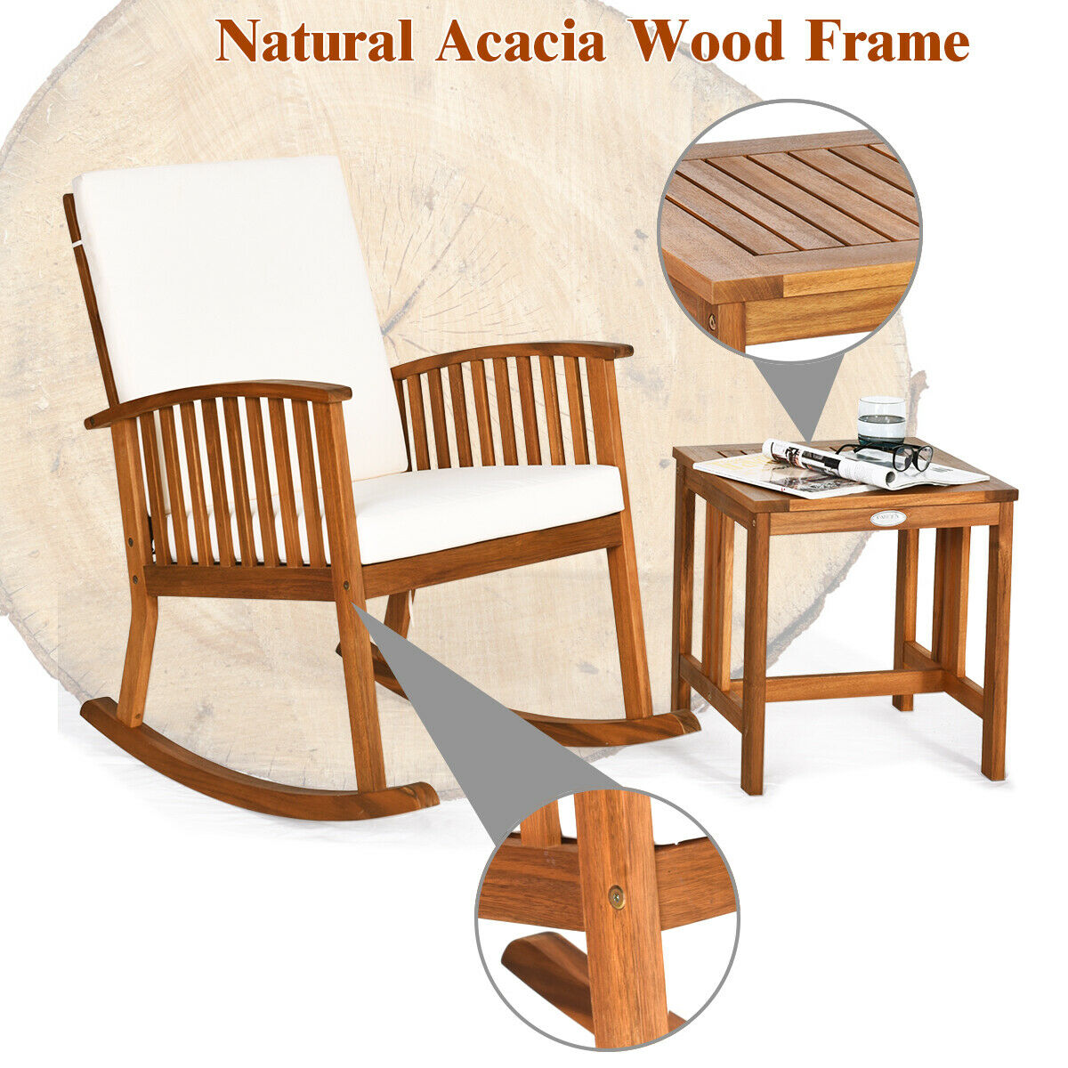 Outdoor Rocking Chair and Side Table - Wood Patio Chair with Cushion