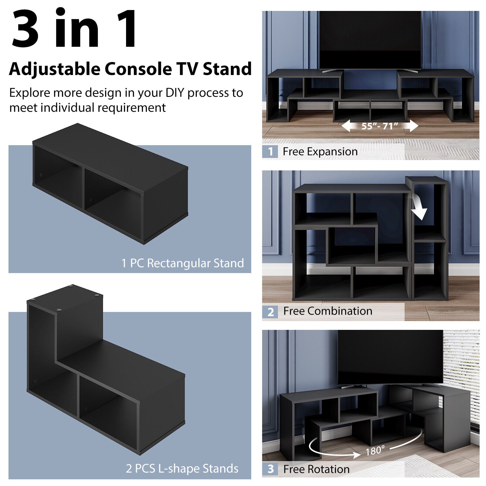 Tv Stand 3 Pcs - Console Table For Up To 65 Inches with Shelves
