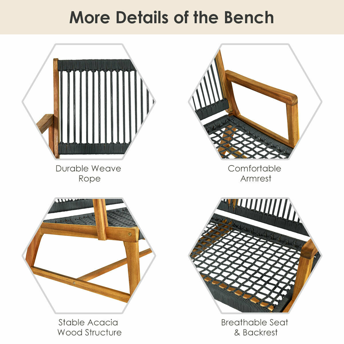 2 Person Outdoor Bench - Acacia Wood Patio Furniture 
