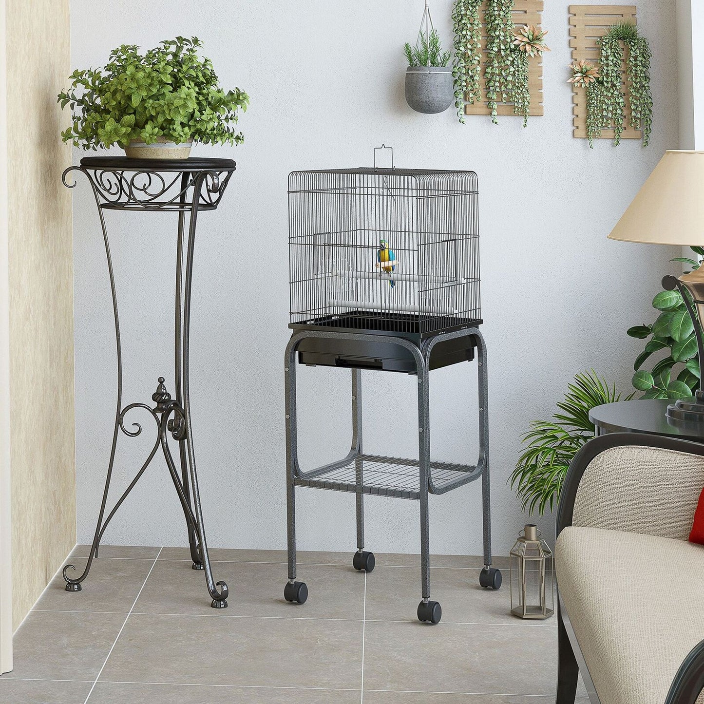 Bird Cage With Wheel - 44.5 Inches Metal Parrot Cage