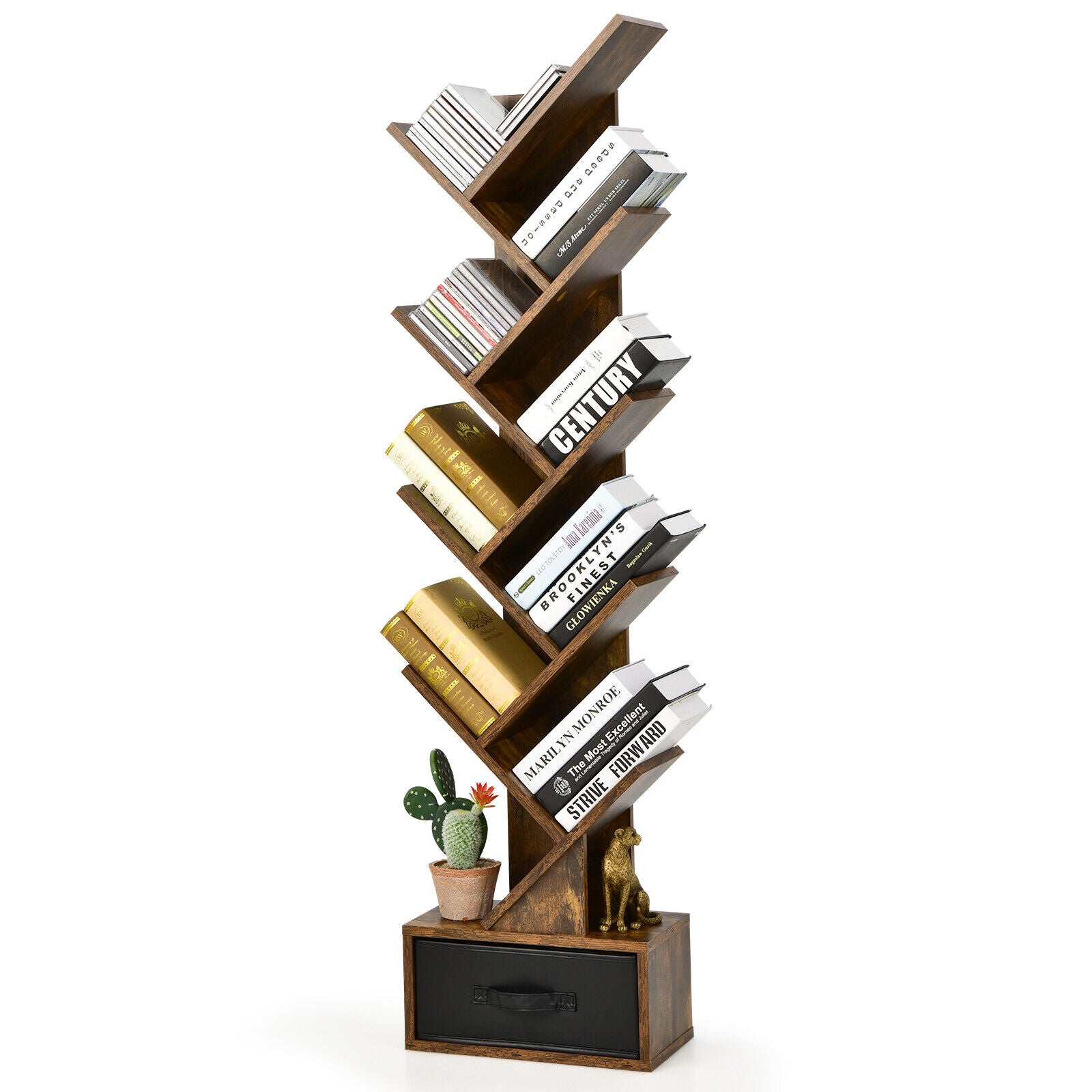 Bookshelf with Drawer - Rustic Brown 10 Tier Bookcase
