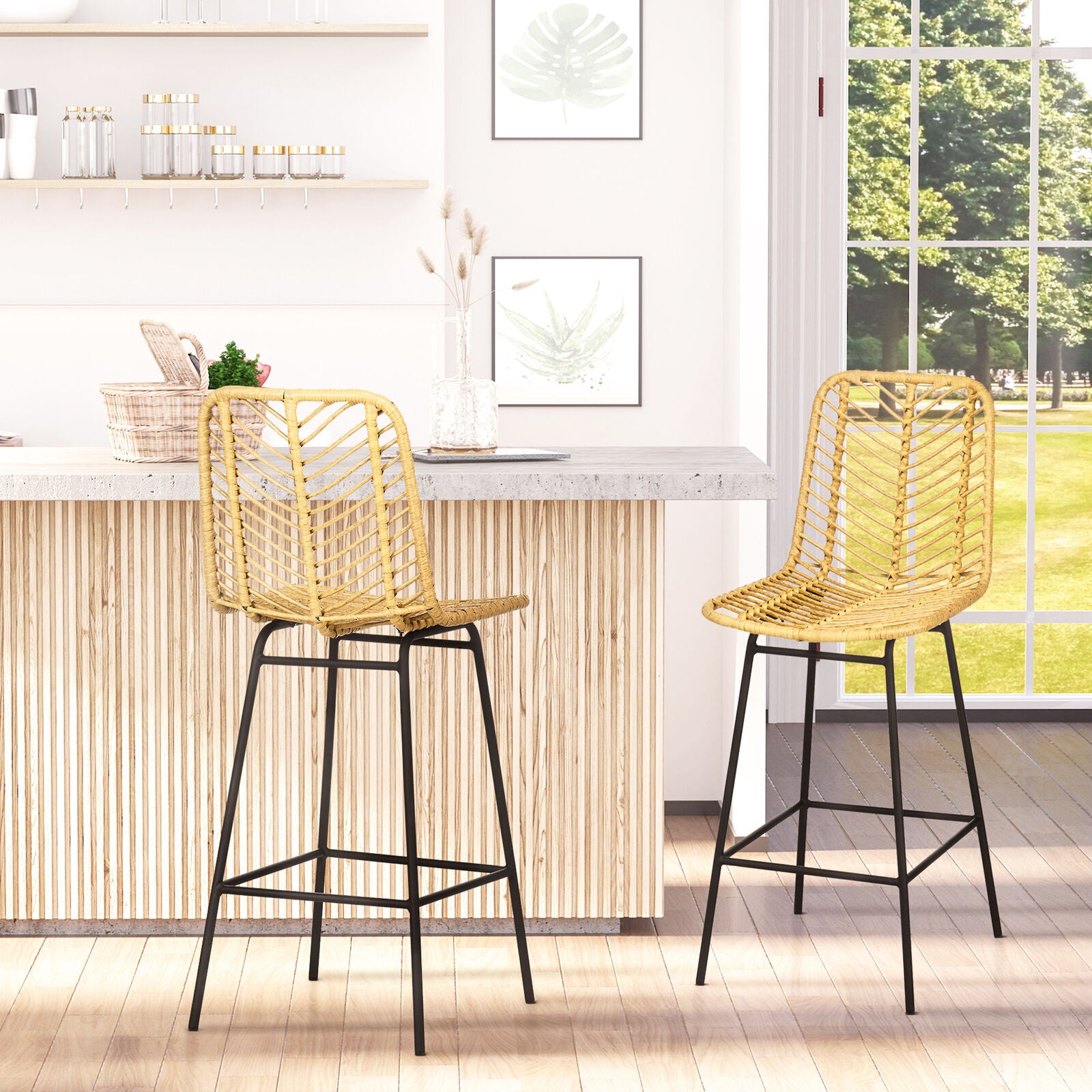 Bar Stools With Footrest - Rattan Counter Stools Set of 2