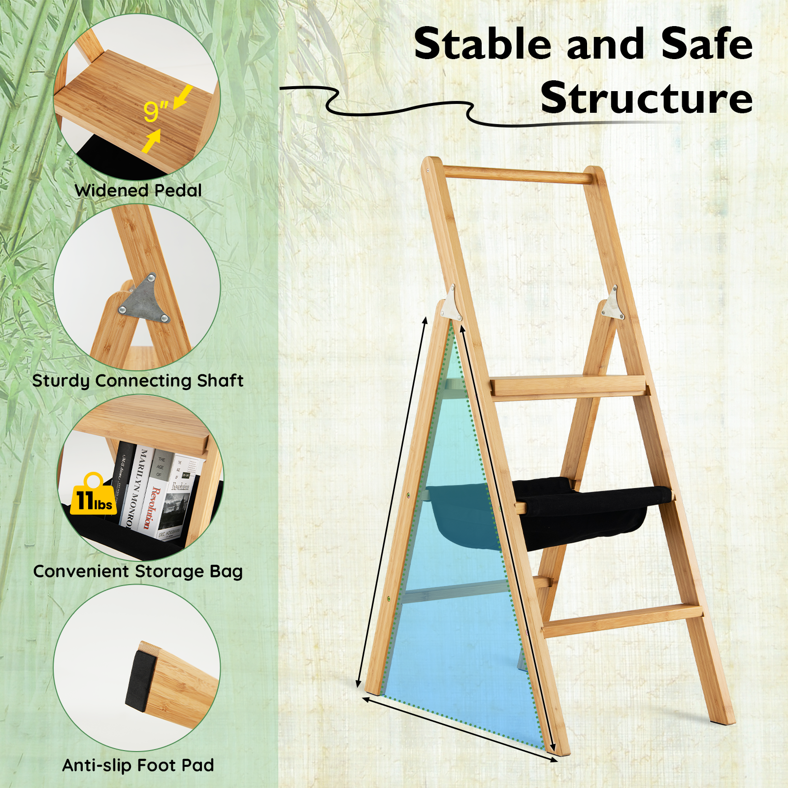 3 Step Stool - Folded Bamboo Step Ladder 330lbs Capacity