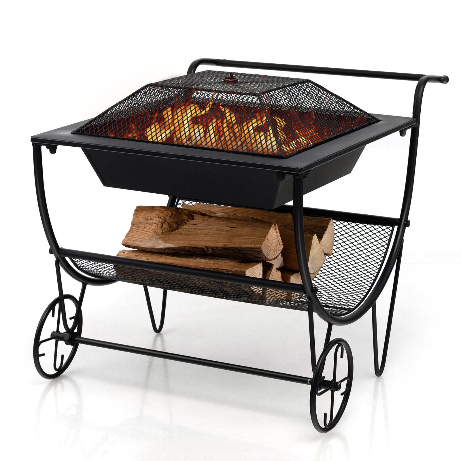 Fire Pit With Log Storage Rack and Wheels- Wood Burning Firewood Rack
