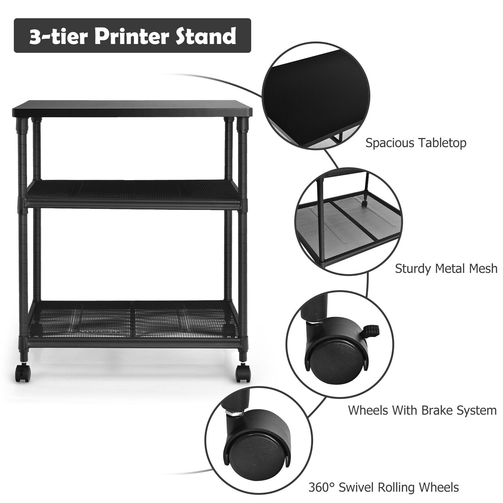 Printer Stand With Adjustable Shelf and Wheel - 3 Tier Printer Cart
