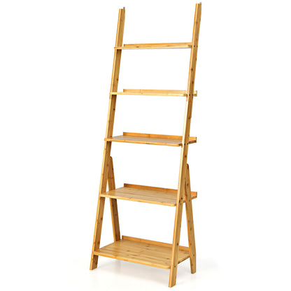 Ladder Shelf Stand - 5 Tier Bamboo Ladder Bookshelf