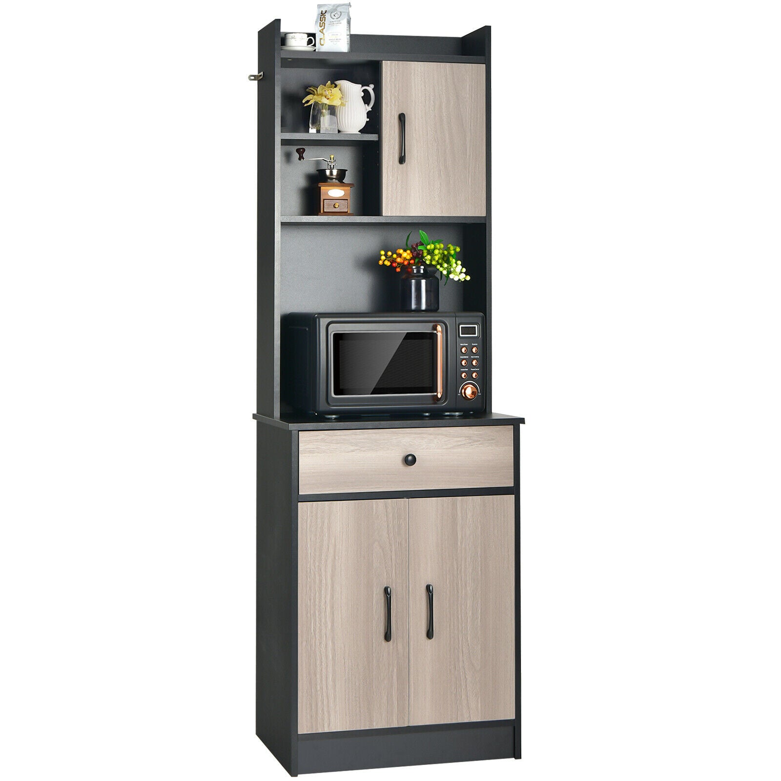 Kitchen Cabinet With Hutch and Adjustable Shelf - 3Door Pantry Cabinet