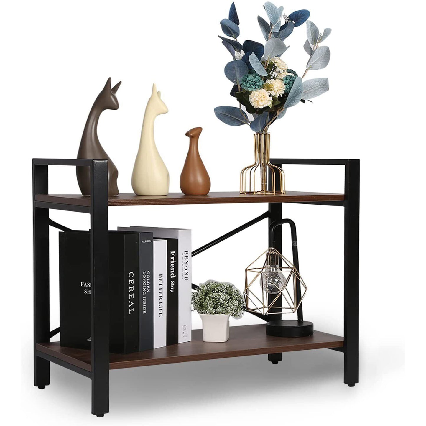 Bookshelf with Rack and Stackable Shelf - 2Tier Vintage Style Bookcase