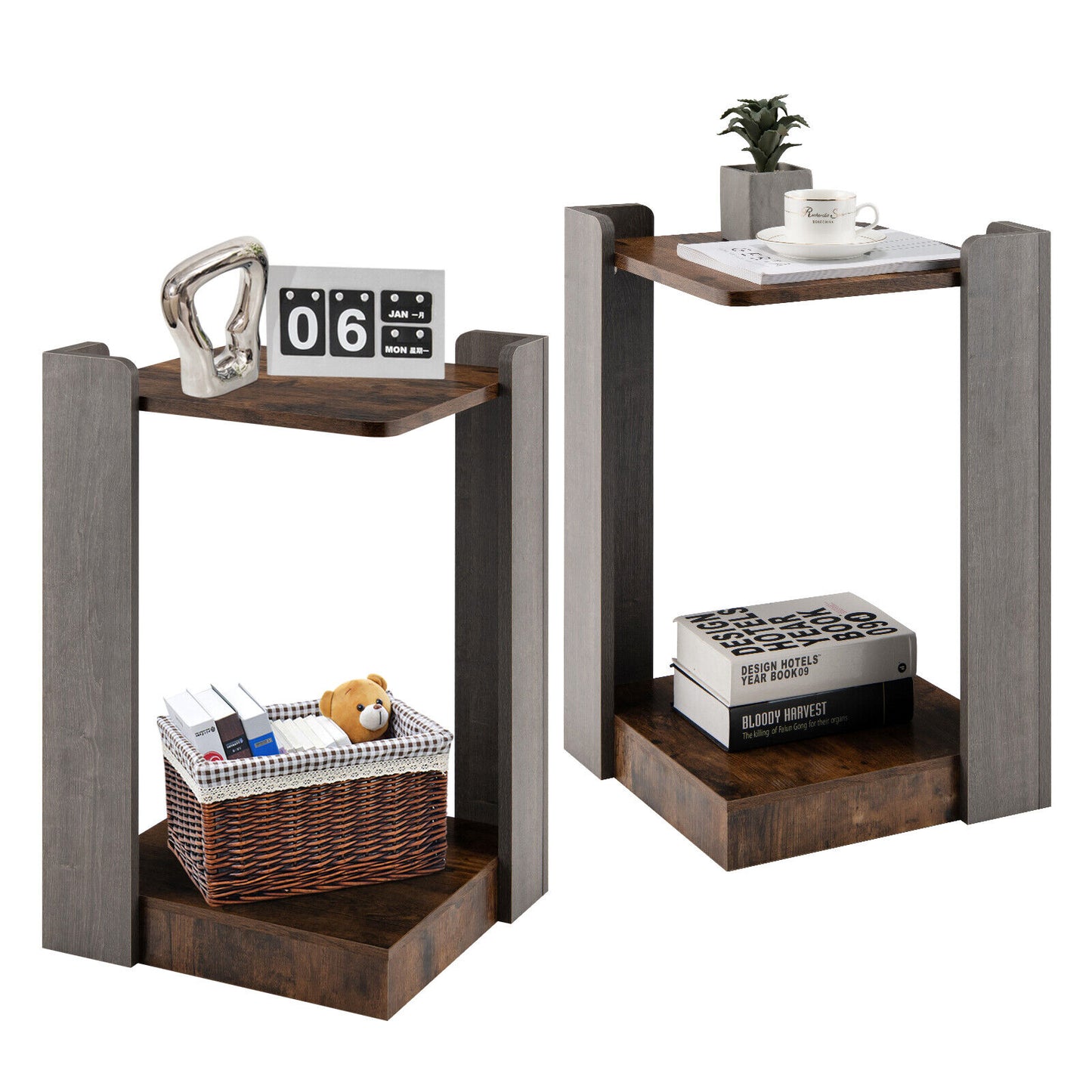 Nightstand 2 Tier - 2 Pcs End Tables With Large Bottom Shelf